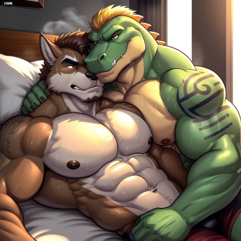 Duo male(Brown Wolf vs Green Gator, handsomes, handsome hairstyle, Thick eyebrows, detailed face), gay(Lying down, cuddling embraced from behind, body with body, face to face, on a bed match), hot(Shirtless), handsomes(They are handsomes, correct anatomy), musculosos(Big muscle bodies, Six packs, muscle abs, big pecs), sweaty(very sweaty wet bodies, shiny sweat), tatuajes(they have tattoos), grumpy(Both have an grumpy expression, grumpy teeths, steaming breath), UFC gloves(They both are wearing UFC gloves), Hight resolution, by(Zourik:1.1)