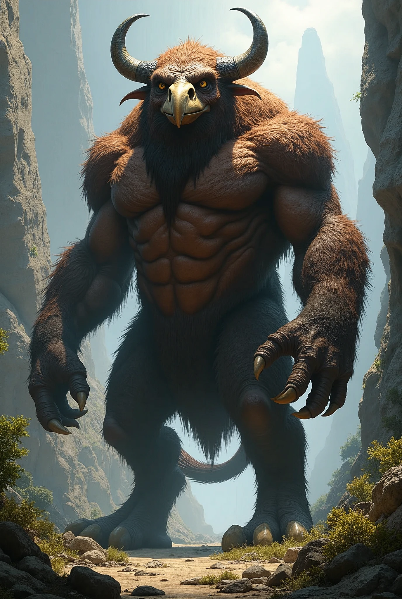 Make me a bull man with the body of an ape and a face with falcon features