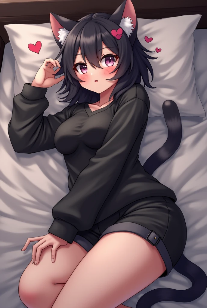 CATBOY , Furry Cat , Furry Art , Blushing , Black hair , laying in bed , black baggy shirt , black shorts , White Boy , in Love , Tail , Drawn Hearts , Horny , HOMOSEXUAL , MALE , MAN ,
