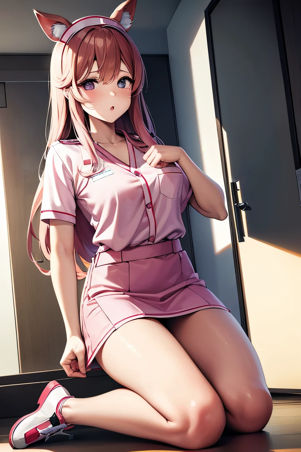 A woman with animal ears wearing a nurse's uniform. Long pink-brown hair. The nurse's uniform is knee-length, not emphasizing her chest, giving a pure feeling. Kawaii idol face, natural anime face. 2.5D Beautiful woman with an innocent, refined face. The model is kagamine rin from Japanese Vocaloid. Realistic anime style. in a hospital, inside a hospital. 8K high-quality, realistic airbrush art. Full body Perfect recreation. Accurate recreation. Detailed image. Hands clenched into fists in front of the body. Nurse uniform skirt is knee-length. Not sexy