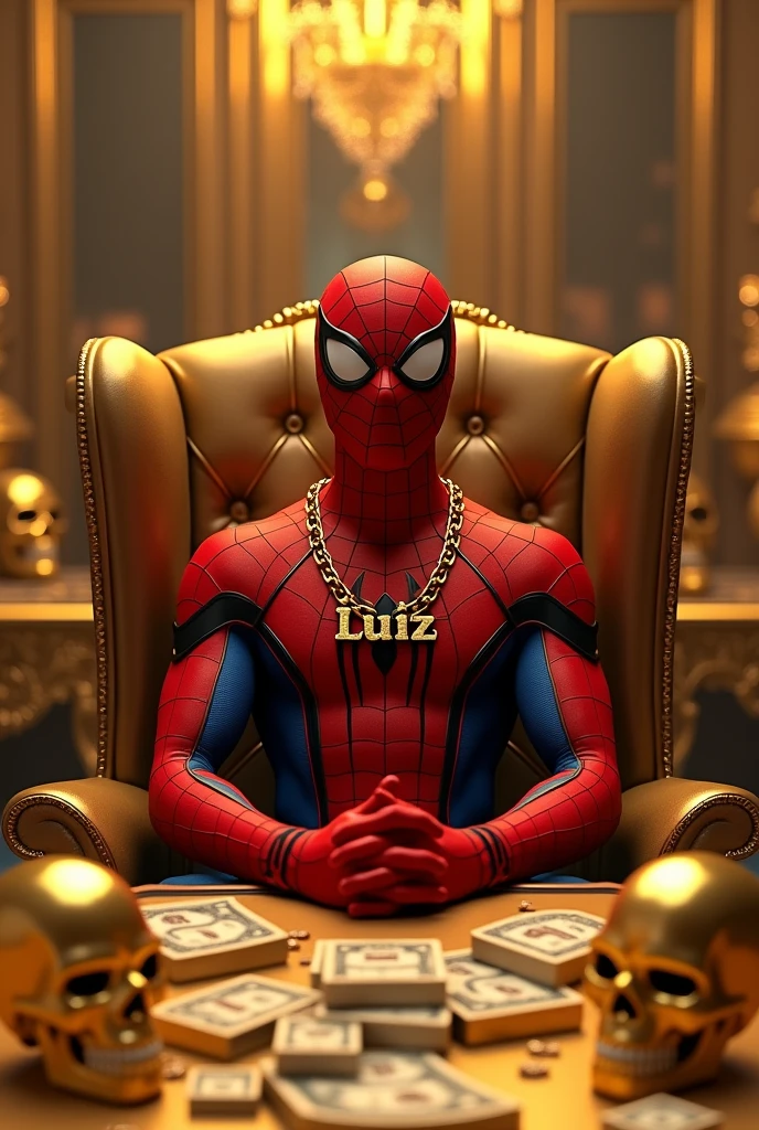 Generate a 3D photo of Spiderman in a very beautiful room full of gold things with his hand on a table with his fingers crossed and sitting in an armchair with gold skulls on top of his table and money in front of his table he sitting with his fingers crossed on top of the table staring straight ahead and with a gold chain around his neck and in the middle of the chain it says Luiz