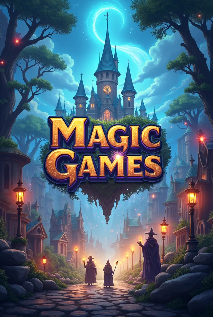 Image with background with things related to games and with the name Magic Games, in the middle