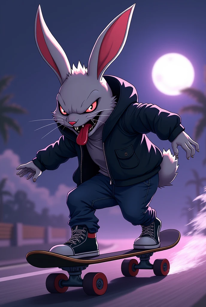 Human Rabbit, wearing skater clothes in a gangster style, on top of a skateboard with high-speed effects, with a malicious grin with a big, sharp tongue sticking out (tongue out) and scar on the eye, earring in ear, a night with lighting tones pulled towards purple and a touch of blue, moonlight style art: アニメ