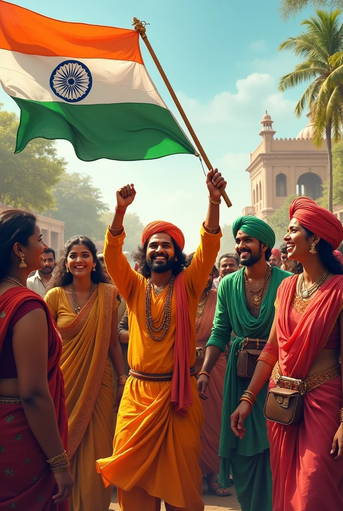  “Design an image showcasing a diverse group of people dressed in traditional Indian attire, holding the national flag, and celebrating with joy and unity, symbolizing India’s rich cultural heritage.”