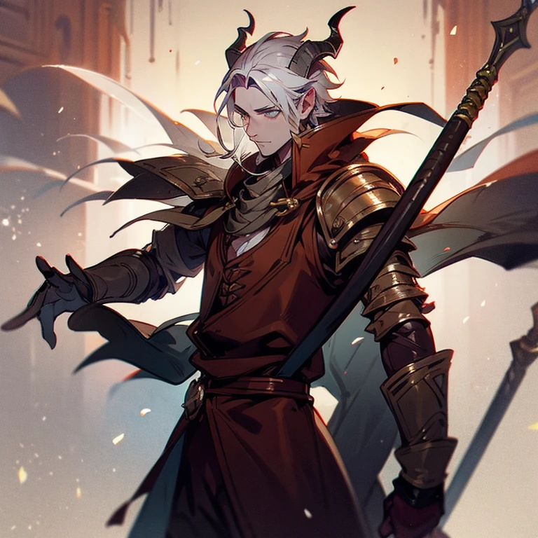 A male Tiefling, dungeons and dragons, bard, Gray Skin, Short Horn, Silver Hair, leather armor