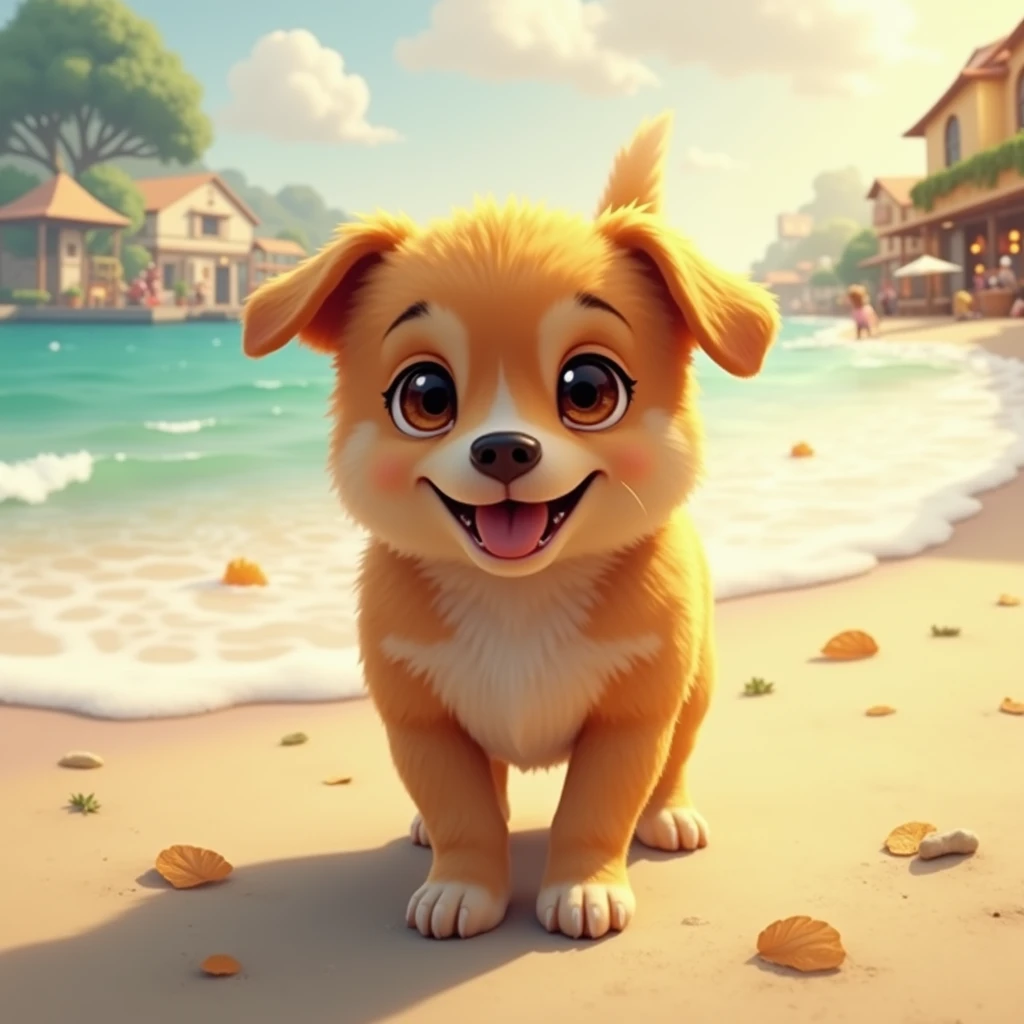 dog with caramel colored fur, joyful look, small figure sitting in front of a restaurant watching people have lunch