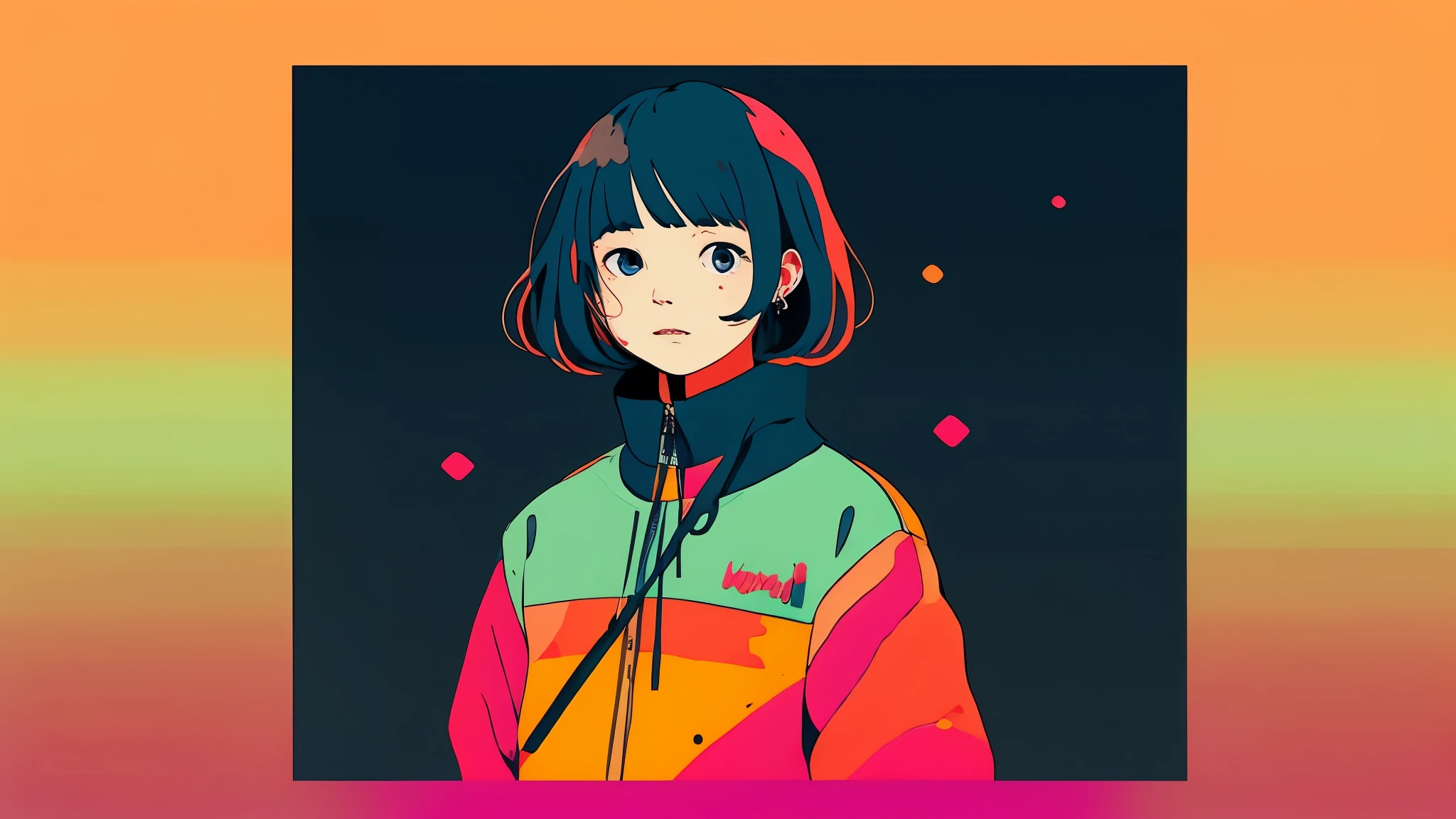 clean、Minimalist、Vector art、gradient cake scary hair、whiteいボディースーツ、Tactical clothing（orange、white）、strong stroke around image、simple and abstract design paper cute background、Solid color background、Or pastel colors、Masterpiece、Highest quality