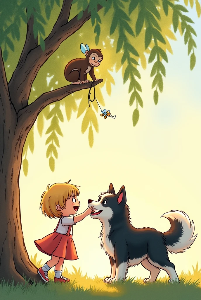 {
"prompt": "Create a watercolor-style comic scene at dawn, featuring a one-year-old girl with blonde hair and blue eyes playing with a medium-sized dog that has long black and white fur. The playful scene unfolds under a weeping willow tree, where a curious monkey and a small bee observe the action from a high branch. The soft light of the early morning bathes the scene in a warm, gentle glow, enhancing the whimsical and serene atmosphere."
}