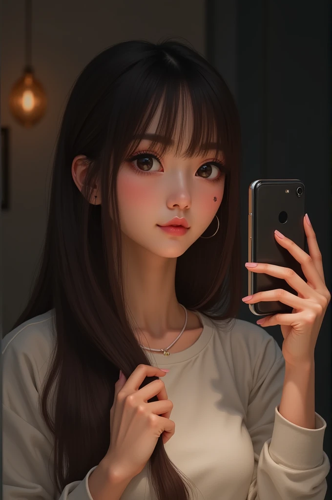 "Create an image of a young woman taking a selfie with a smartphone in front of a mirror. The woman has long, straight, dark brown hair with bangs, and she is holding a section of her hair in her left hand while smiling subtly. She has fair skin, large, expressive eyes with dramatic, long eyelashes, and is wearing natural makeup with a focus on her eyes and a soft pink lip color. She has a small beauty mark on her right cheek. The woman is wearing a white long-sleeve top. The background is a dimly lit indoor setting with a soft, warm light."