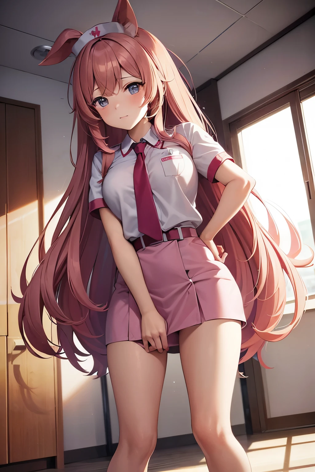 A woman with animal ears wearing a nurse's uniform. Long pink-brown hair. The nurse's uniform is knee-length, not emphasizing her chest, giving a pure feeling. Kawaii idol face, natural anime face. 2.5D Beautiful woman with an innocent, refined face. The model is kagamine rin from Japanese Vocaloid. Realistic anime style. in a hospital, inside a hospital. 8K high-quality, realistic airbrush art. Full body Perfect recreation. Accurate recreation. Detailed image. Hands clenched into fists in front of the body. Nurse uniform skirt is knee-length. Not sexy