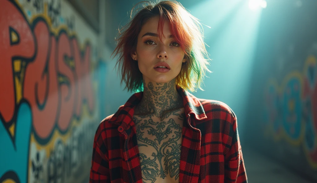 upper body portrait, The raw essence of a tattooed street style icon, soaked in rebellious energy, Wear an oversized flannel shirt, Vibrant graffiti as wallpaper, Avant-garde fashion, sense, confident look, colorful hair, Rays of light pierce the fog. camra nikon Zfc, Sigma art 18mm, kodak film, hyper realistic