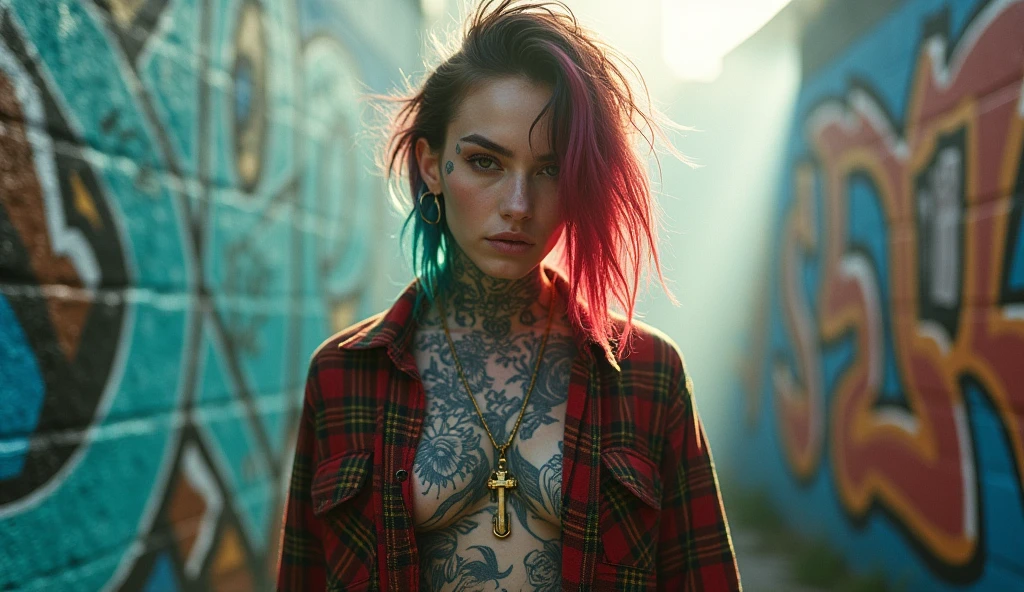 upper body portrait, The raw essence of a tattooed street style icon, soaked in rebellious energy, Wear an oversized flannel shirt, Vibrant graffiti as wallpaper, Avant-garde fashion, sense, confident look, colorful hair, Rays of light pierce the fog. camra nikon Zfc, Sigma art 18mm, kodak film, hyper realistic