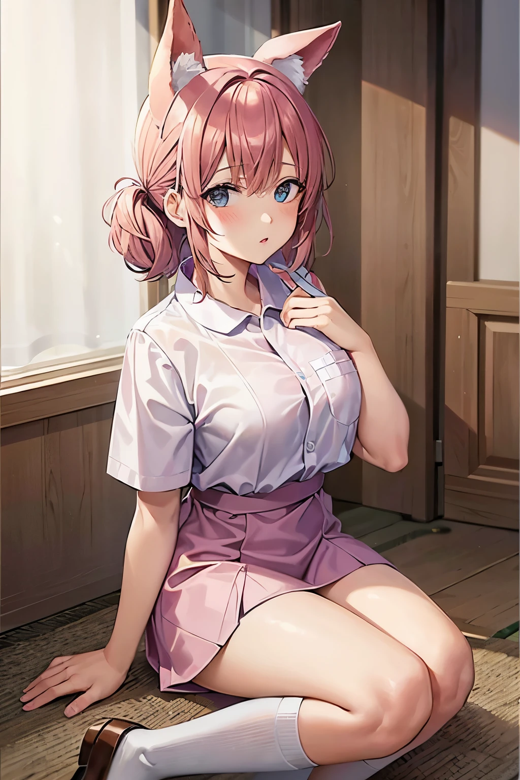 A woman with animal ears wearing a nurse's uniform. Long pink-brown hair. The nurse's uniform is knee-length, not emphasizing her chest, giving a pure feeling. Kawaii idol face, natural anime face. 2.5D Beautiful woman with an innocent, refined face. The model is kagamine rin from Japanese Vocaloid. Realistic anime style. in a hospital, inside a hospital. 8K high-quality, realistic airbrush art. Full body  Perfect recreation. Accurate recreation. Detailed image. Hands clenched into fists in front of the body. Nurse uniform skirt is knee-length. Not sexy