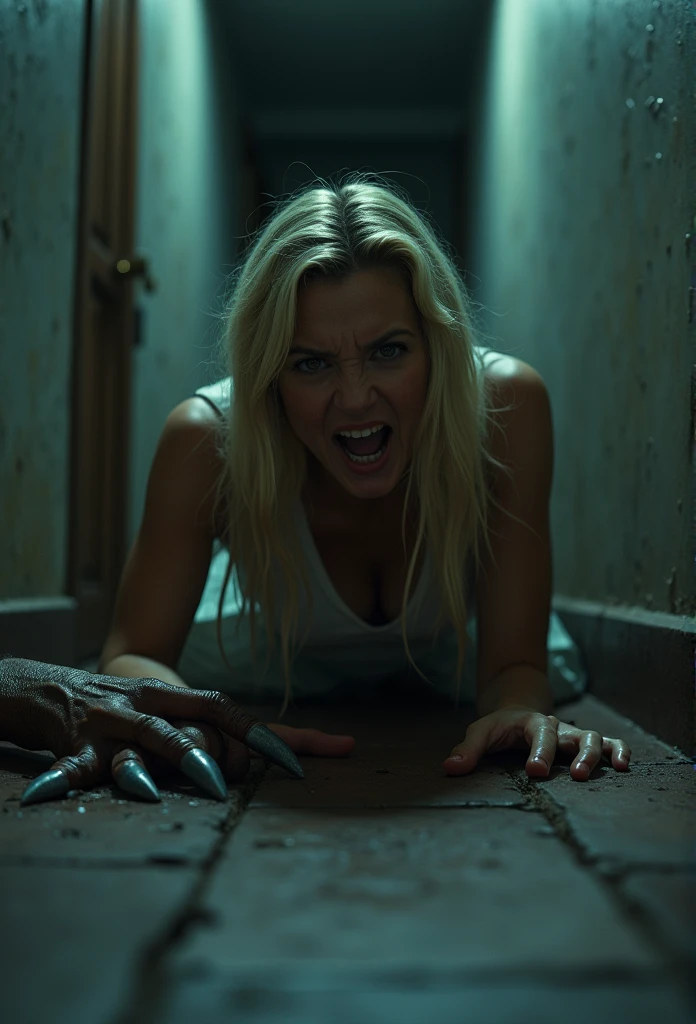 close up of a screaming blonde woman being dragged on the floor by claws grabbing her feet in a hallway, nightmare