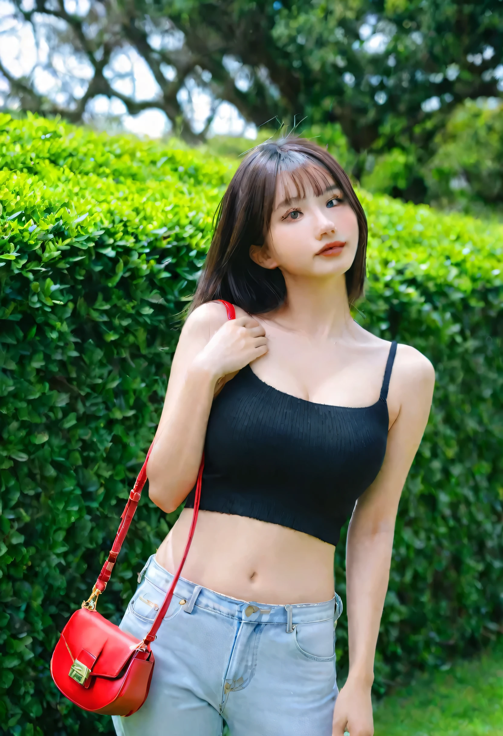 HIMESANA, Ultra Realistic, Candid Shot, 19yo Girl, black crop top and baggy light blue jeans, Big breasts, Sony Alpha a7 III taken Photography, using a wide aperture (f/2.8 or f/3.5), posing outdoors in front of a lush green hedge. She is holding a red handbag The shot is captured from a slightly low angle, confident and relaxed pose. The camera is positioned at a mid-range distance, creating a balanced composition that includes both the subject and the background. The lighting is natural, 