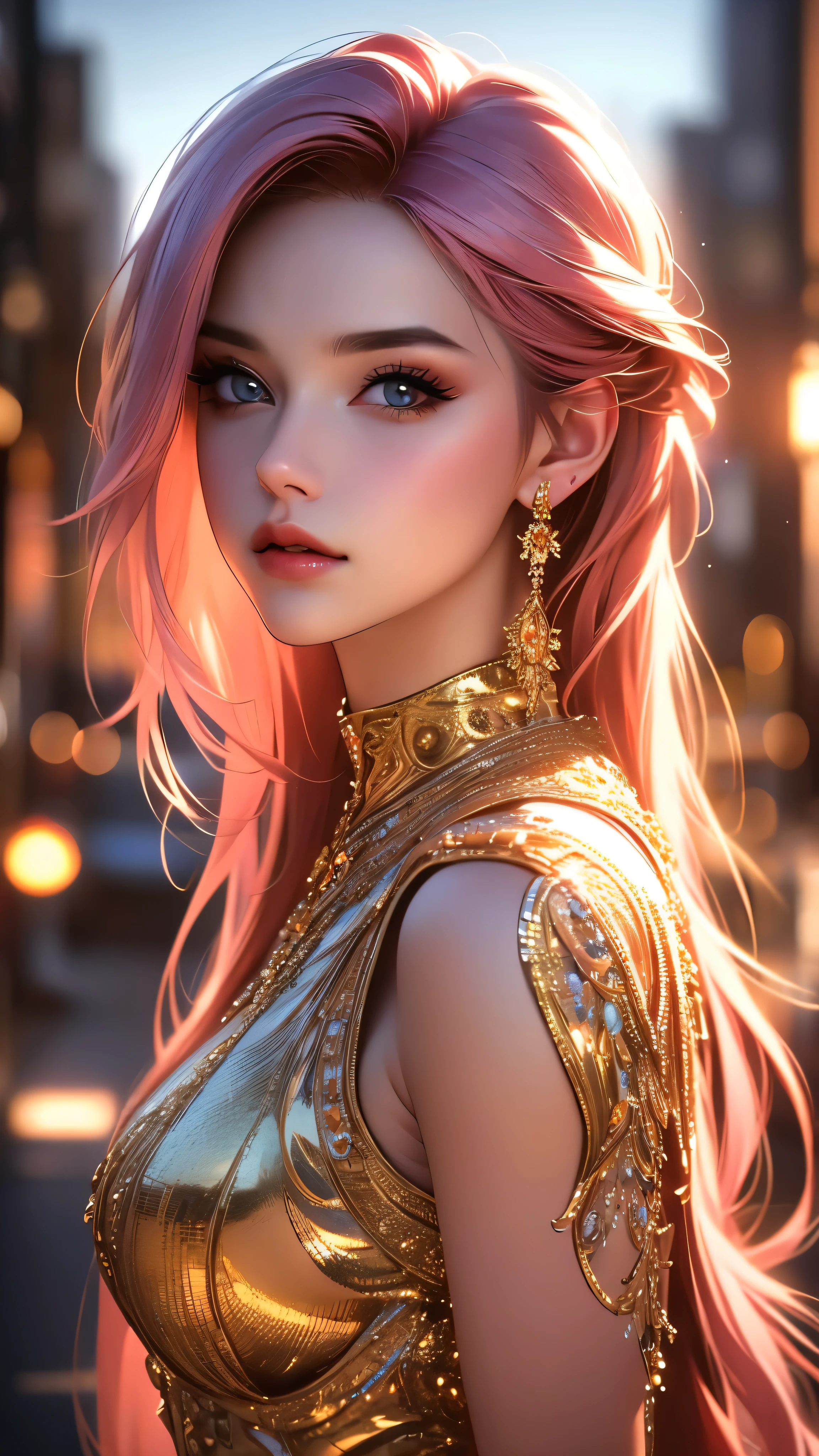 a beautiful woman in a beige dress with expressive beautiful eyes, posing, urban cityscape, black jacket, pink hair, golden hour, shallow depth of field, atmosphere of a first date and young love, (best quality,4k,8k,highres,masterpiece:1.2),ultra-detailed,(realistic,photorealistic,photo-realistic:1.37),intricate details,extremely detailed facial features,gorgeous detailed eyes,beautiful detailed lips,stunning portrait,cinematic lighting,warm color tones,romantic ambiance