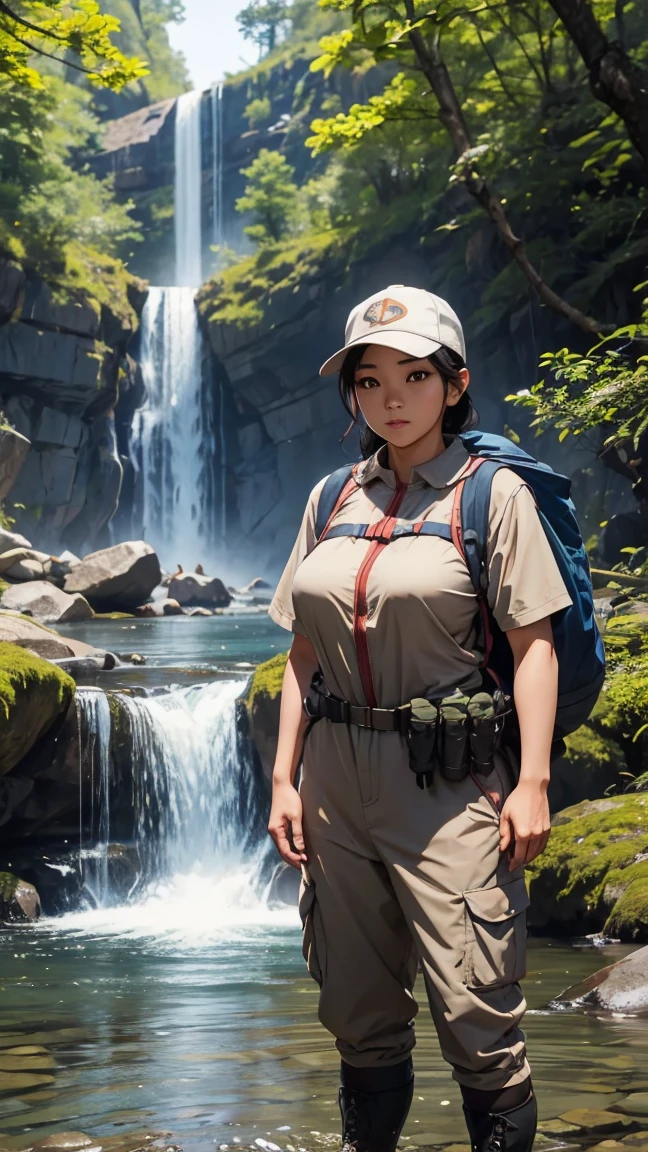 A beautiful Korean woman with fair skin, a great figure, and large , in hiking gear, with an elderly man who is a hunter.,By the stream,there is a beautiful waterfall
