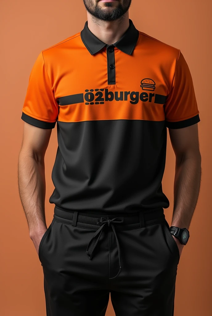 Design a complete uniform for a burger restaurant with the 402burger logo in orange and black colors with a polo shirt and jogger pants that is creative and disruptive