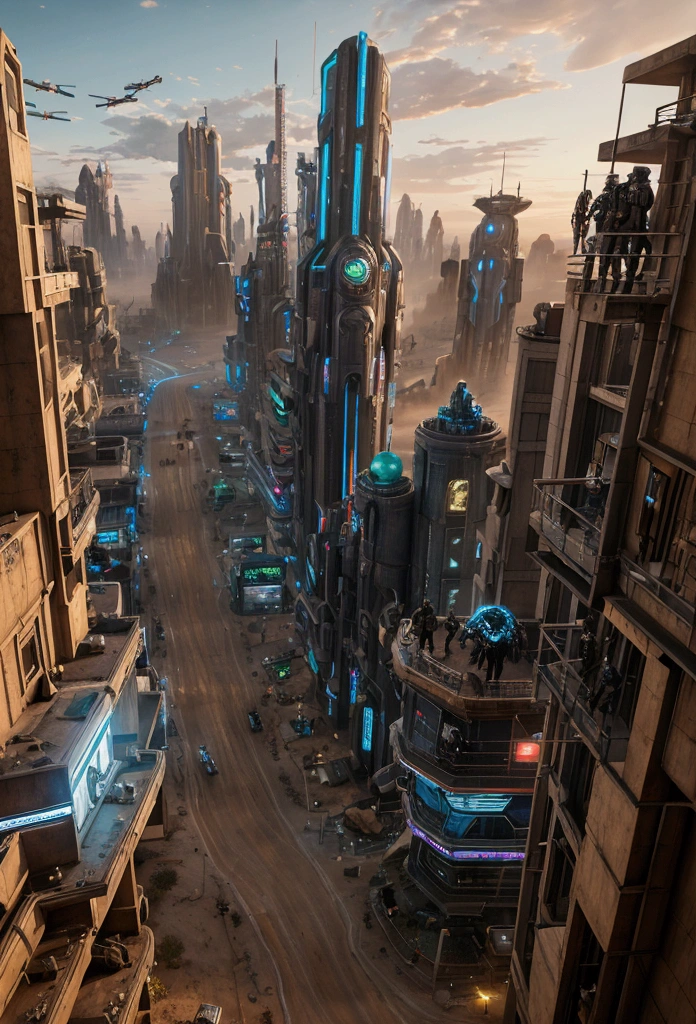 (photorealism:1.2), bmovie poster depicting a futuristic cyber-western scene. The main focus is a tense standoff in a dusty, cyberpunk-inspired desert town. The central figures are cyber-police investigators and hackers, facing each other like gunslingers in a classic western duel. The cyber-police wear high-tech cowboy hats and augmented reality visors, with glowing badges that also act as holographic devices. The hackers, dressed in dark trench coats and skull-shaped masks with glitchy, digital effects, are armed with futuristic gadgets. In the background, the town features a mix of old saloons and advanced skyscrapers with neon signs, digital billboards, and holographic displays. The sky is a blend of sunset hues with floating data streams representing the cloud, with chains symbolizing blockchain security. Ghostly, virus-like figures are sneaking around the town's edge, attempting to infiltrate. Additional elements include citizens with tech-enhanced outfits, a river of data flowing through the street, and drones patrolling from above. The color palette blends warm, earthy tones with cold, metallic blues and purples, creating a contrast between the traditional western setting and the high-tech sci-fi elements. The overall style is highly detailed and cinematic, with a sense of tension and drama