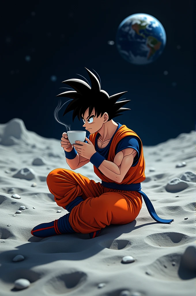Goku on the moon drinking coffee