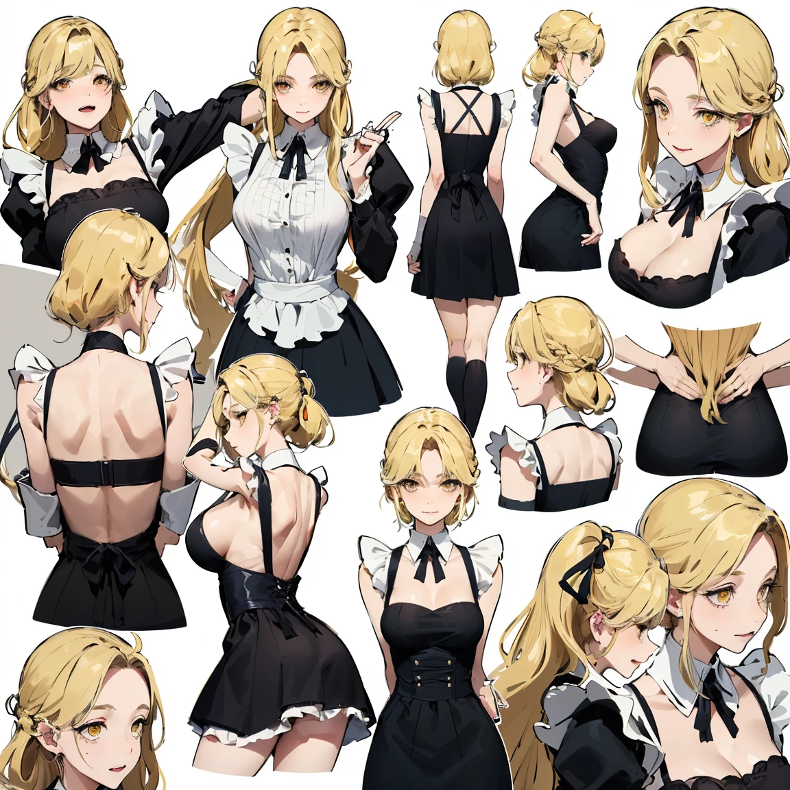 (masterpiece, 8k, Highest quality, Very detailed, One mature woman), (Consistent personality, same characters), (Blonde, Yellow Eyes), (Very detailed顔と肌の質感, Beautiful Eyes), Wicked Smile, Big Breasts, Erect nipples,alone, (maid), White Background, Exposing shoulders, Captivating smile, (Multiple Views, Multiple Angles), Side view, Front view, look up, Looking down, Rear View, 20-degree head view