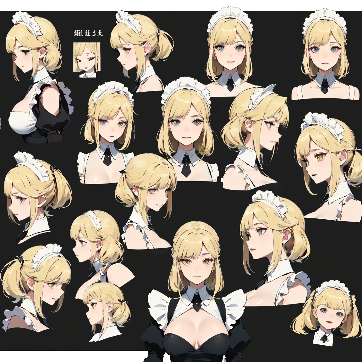 (masterpiece, 8k, Highest quality, Very detailed, One mature woman), (Consistent personality, same characters), (Blonde, Yellow Eyes), (Very detailed顔と肌の質感, Beautiful Eyes), Wicked Smile, Big Breasts, Erect nipples,alone, (maid), White Background, Exposing shoulders, Captivating smile, (Multiple Views, Multiple Angles), Side view, Front view, look up, Looking down, Rear View, 20-degree head view