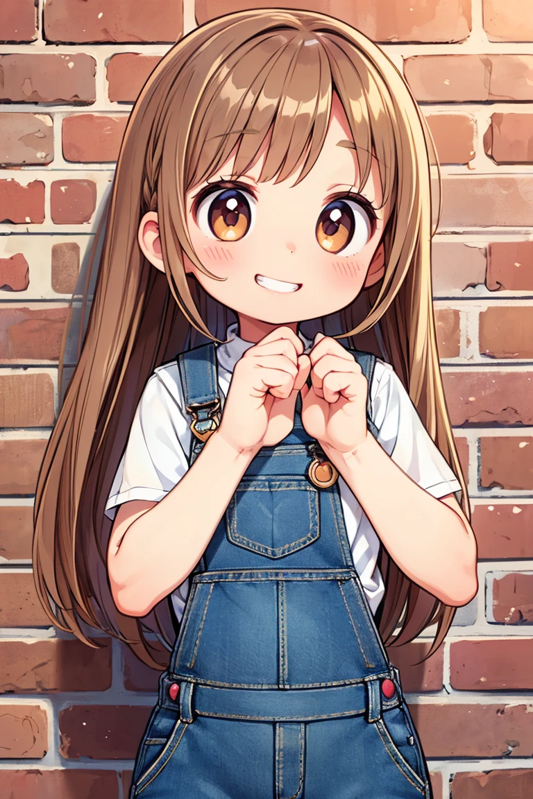Beautiful illustration, best quality, cute girl, ((Brickwall as background)), pastel color, natural tones, ((Brown Bangs)), ((Looking at viewer)), ((Slim body)), ((Denim overall)), (Blush), bright lighting, ((Big eyes)), ((Grin)), ((Perfect hands))