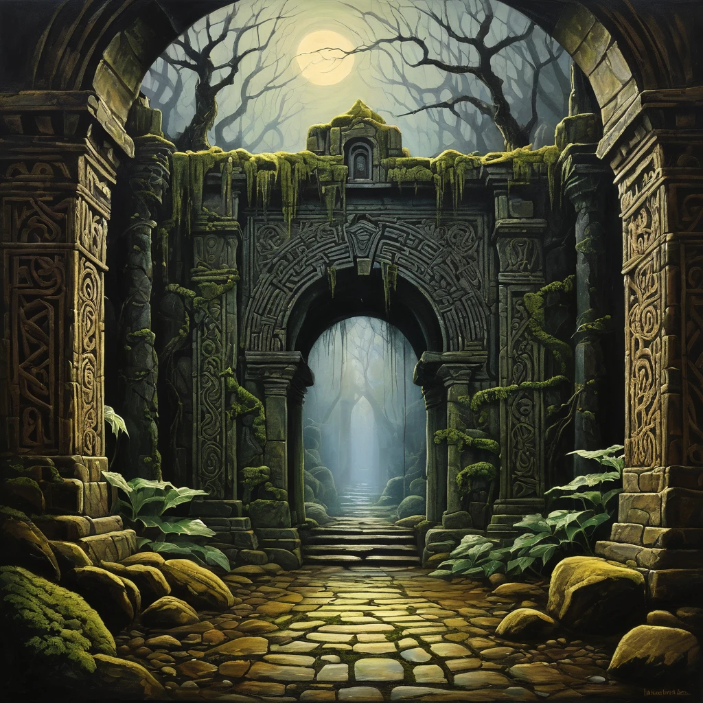 "Create an intricate and captivating visual representation of a labyrinthine world. The scene should feature a grand, ancient labyrinth with towering stone walls adorned with moss and ivy, twisting pathways, and hidden chambers. The environment should evoke a sense of mystery and wonder, with subtle hints of magical elements. The labyrinth should be illuminated by ethereal, glowing lanterns or torches casting enigmatic shadows. Incorporate fantastical details such as runes etched into the walls, elaborate archways, and enigmatic symbols to enhance the sense of adventure and exploration. The overall tone should be one of grandeur and enigma, drawing viewers into a world of timeless intrigue." acrylic painting, calm, majestic, desperate, unstoppable, digital painting, expressionism, dramatic, nostalgic memories, dark tones, gloomy, emotionally profound, epic scene, acrylic painting, lone tree, dark tones, uncomfortable atmosphere, intricately detailed art, surrealism, abstract, intricate brush strokes, intricate details, creative, expressive, detailed, colorful, digital art, dark, gloomy, expressionism, emotionally profound