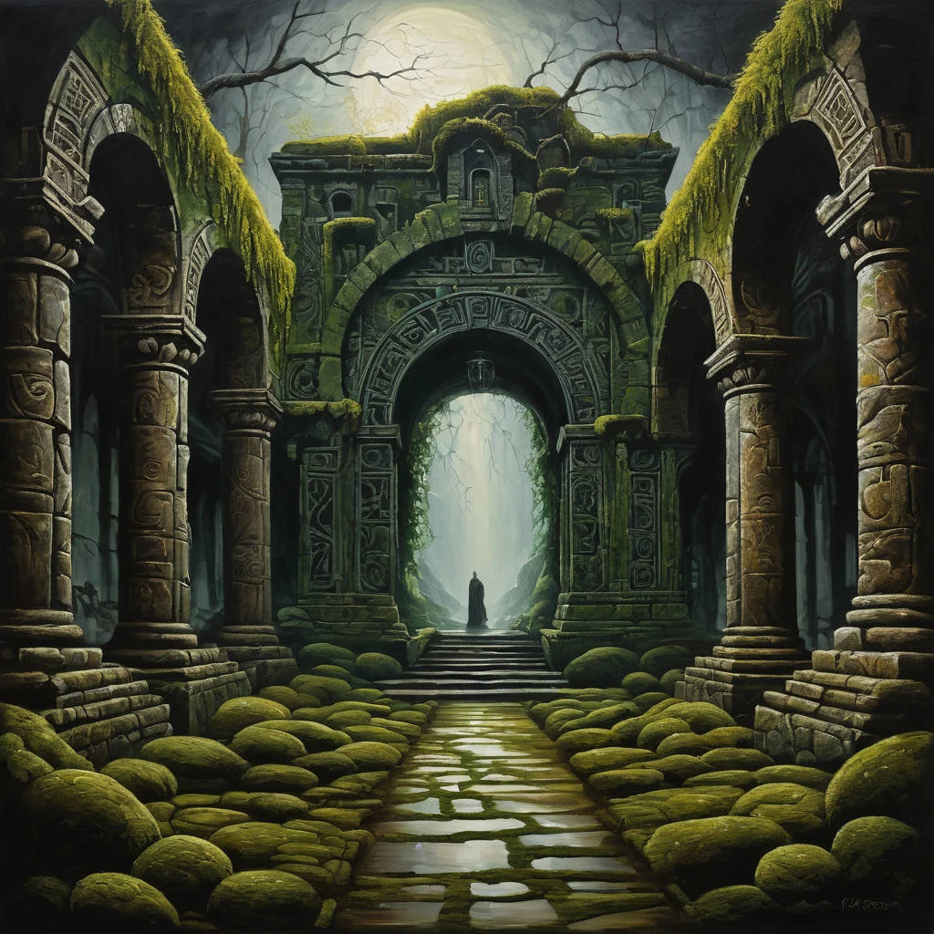 "Create an intricate and captivating visual representation of a labyrinthine world. The scene should feature a grand, ancient labyrinth with towering stone walls adorned with moss and ivy, twisting pathways, and hidden chambers. The environment should evoke a sense of mystery and wonder, with subtle hints of magical elements. The labyrinth should be illuminated by ethereal, glowing lanterns or torches casting enigmatic shadows. Incorporate fantastical details such as runes etched into the walls, elaborate archways, and enigmatic symbols to enhance the sense of adventure and exploration. The overall tone should be one of grandeur and enigma, drawing viewers into a world of timeless intrigue." acrylic painting, calm, majestic, desperate, unstoppable, digital painting, expressionism, dramatic, nostalgic memories, dark tones, gloomy, emotionally profound, epic scene, acrylic painting, lone tree, dark tones, uncomfortable atmosphere, intricately detailed art, surrealism, abstract, intricate brush strokes, intricate details, creative, expressive, detailed, colorful, digital art, dark, gloomy, expressionism, emotionally profound