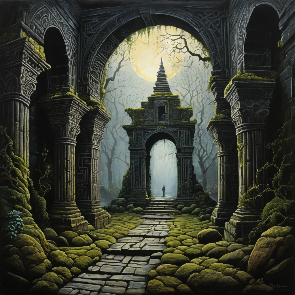 "Create an intricate and captivating visual representation of a labyrinthine world. The scene should feature a grand, ancient labyrinth with towering stone walls adorned with moss and ivy, twisting pathways, and hidden chambers. The environment should evoke a sense of mystery and wonder, with subtle hints of magical elements. The labyrinth should be illuminated by ethereal, glowing lanterns or torches casting enigmatic shadows. Incorporate fantastical details such as runes etched into the walls, elaborate archways, and enigmatic symbols to enhance the sense of adventure and exploration. The overall tone should be one of grandeur and enigma, drawing viewers into a world of timeless intrigue." acrylic painting, calm, majestic, desperate, unstoppable, digital painting, expressionism, dramatic, nostalgic memories, dark tones, gloomy, emotionally profound, epic scene, acrylic painting, lone tree, dark tones, uncomfortable atmosphere, intricately detailed art, surrealism, abstract, intricate brush strokes, intricate details, creative, expressive, detailed, colorful, digital art, dark, gloomy, expressionism, emotionally profound