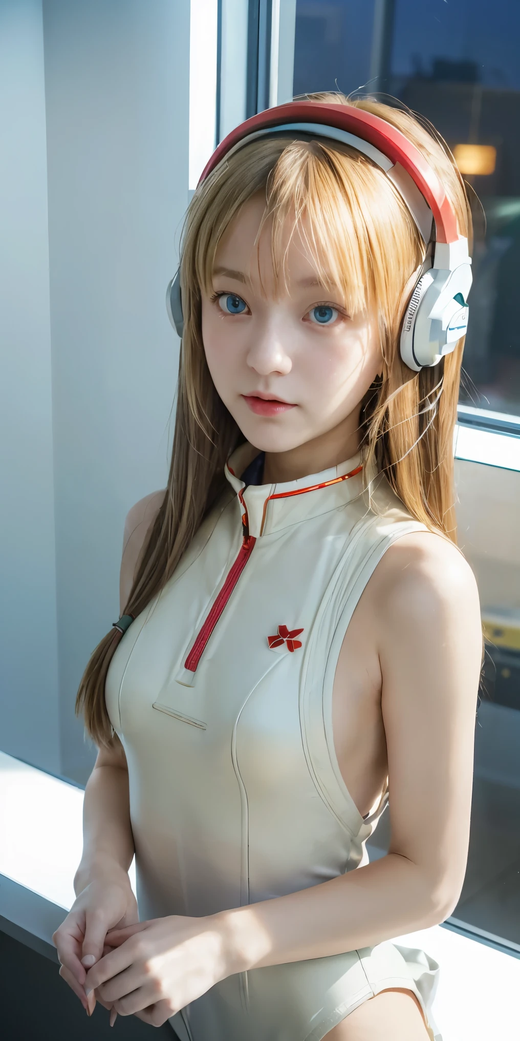 (Overhead view),dynamic angle,ultra-detailed, illustration, close-up, straight on, 1girl, 
 ((souryuu asuka langley, interface headset, red bodysuit:1.4, blonde)),Her eyes shone like dreamy stars,(glowing eyes:1.233),(beautiful and detailed eyes:1.1),(expressionless,closed mouth),(standing), 
(mechanic room with toolsand spaceship windowin a white SPACESHIP),
(night:1.2),dreamy, [[delicate fingers and hands:0.55]::0.85],(detail fingers),