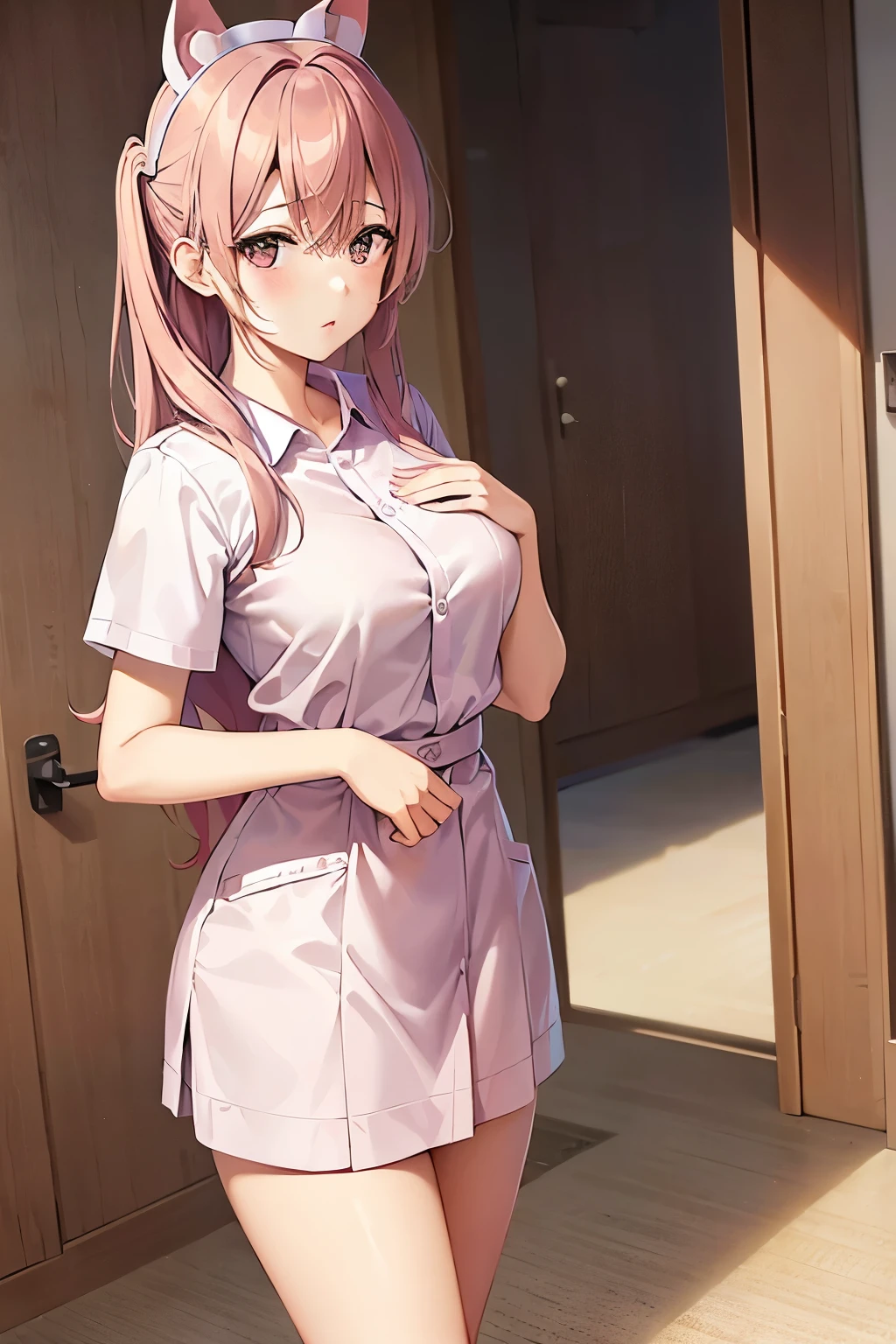 A woman with animal ears wearing a nurse's uniform. Long pink-brown hair. The nurse's uniform is knee-length, not emphasizing her chest, giving a pure feeling. Kawaii idol face, natural anime face. 2.5D Beautiful woman with an innocent, refined face. The model is kagamine rin from Japanese Vocaloid. Realistic anime style. in a hospital, inside a hospital. 8K high-quality, realistic airbrush art. Full body  Perfect recreation. Accurate recreation. Detailed image. Hands clenched into fists in front of the body. Nurse uniform skirt is knee-length. Not sexy