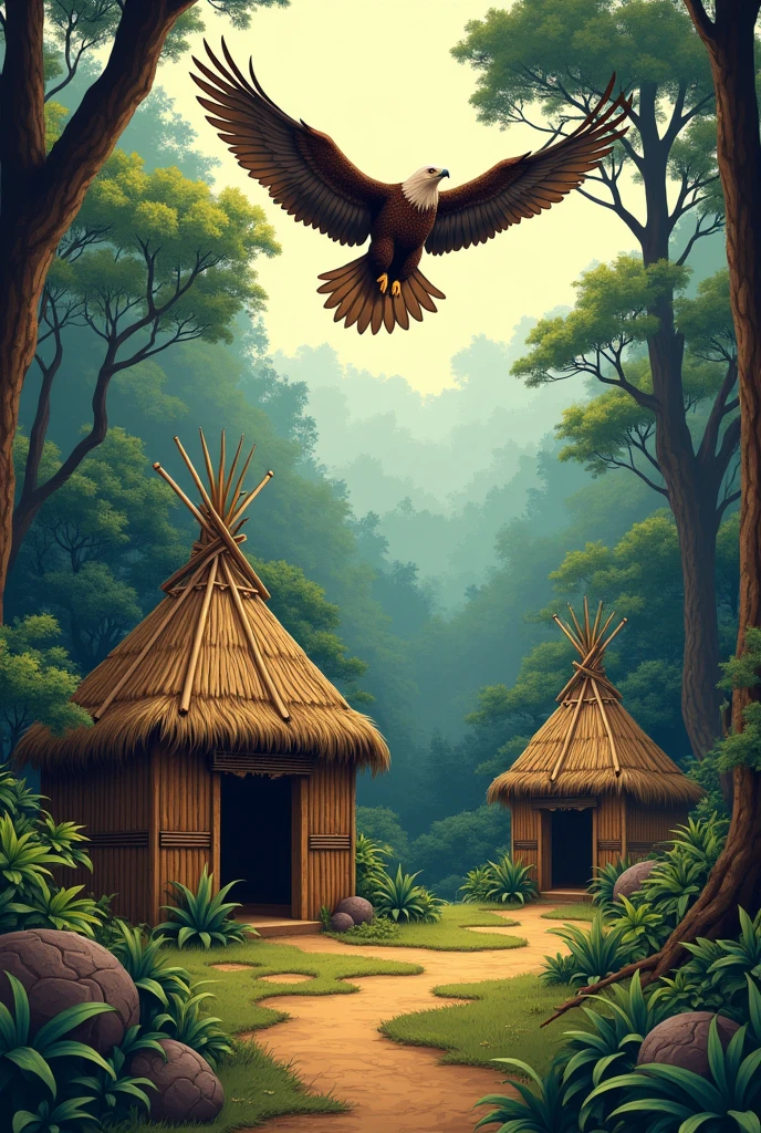 Indian huts with forest and eagle for tattoo
