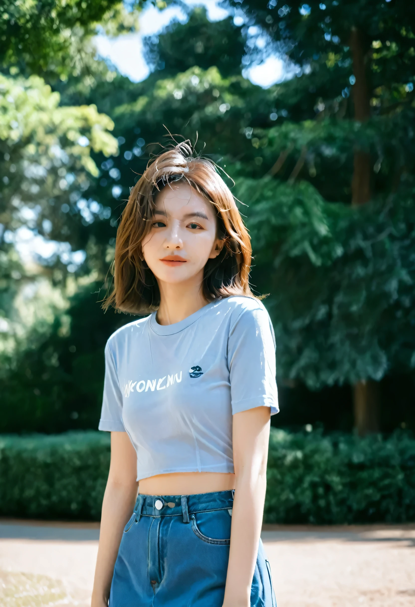 HIMESANA,ultra realistic, Candid Shot, Medium shot,Sony Alpha a7 III taken Photography,19yo girl, walking through a summer park. glamorous,Fitted round-neck t-shirt and denim miniskirt, Super detailed and rough skin, detailed face, detailed hair, playful expression. The background is filled with trees, captured in sharp detail.