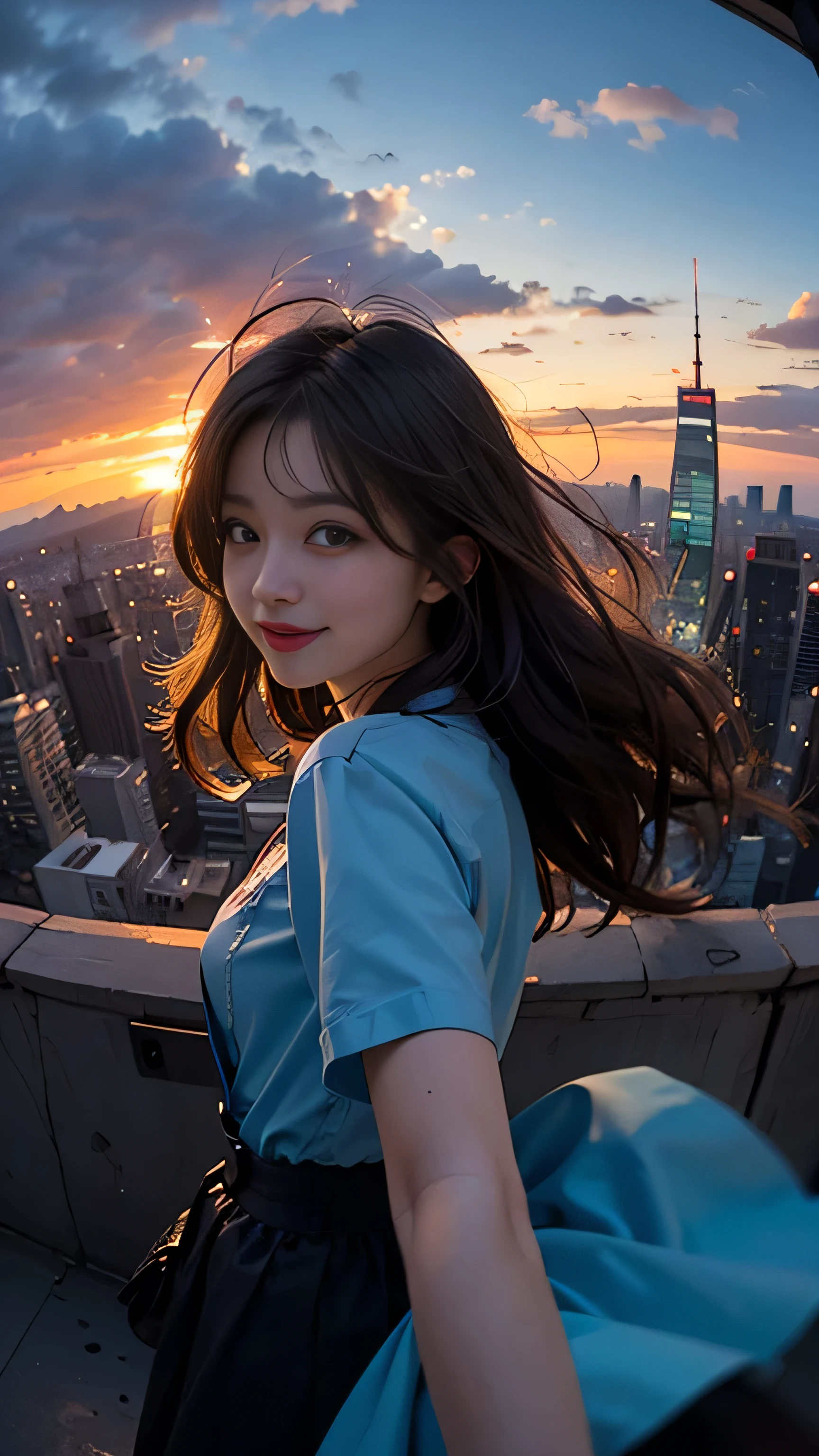 One girl, Korean, Fisheye Lens, Selfie, Wind, Messy Hair, sunset, Cityscape, (Aesthetics and atmosphere:1.2),smile