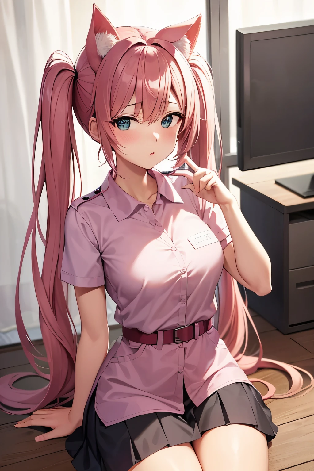 A woman with animal ears wearing a nurse's uniform. Long pink-brown hair. The nurse's uniform is knee-length, not emphasizing her chest, giving a pure feeling. Kawaii idol face, natural anime face. 2.5D Beautiful woman with an innocent, refined face. The model is Hatsune Miku from Japanese Vocaloid. Realistic anime style. in a hospital, inside a hospital. 8K high-quality, realistic airbrush art. Full body pose. Cat pose. Perfect recreation. Accurate recreation. Detailed image. Hands clenched into fists in front of the body. Nurse uniform skirt is knee-length. Not sexy