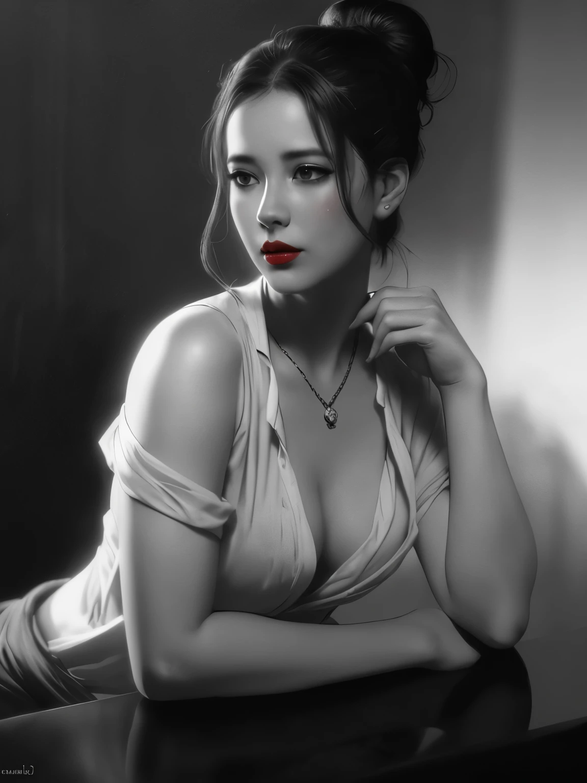 Taki, sitting on a table , (heavy eyeshadow, red lips), slender, White open shirt, no bra, pendant, fantasy art, concept art, delicate features, feminine, hair in a loose bun, seductive, Chiaroscuro lighting, (style of howard chandler christy:1.0), (charcoal sketch by jean-joseph benjamin-constant:1.3)