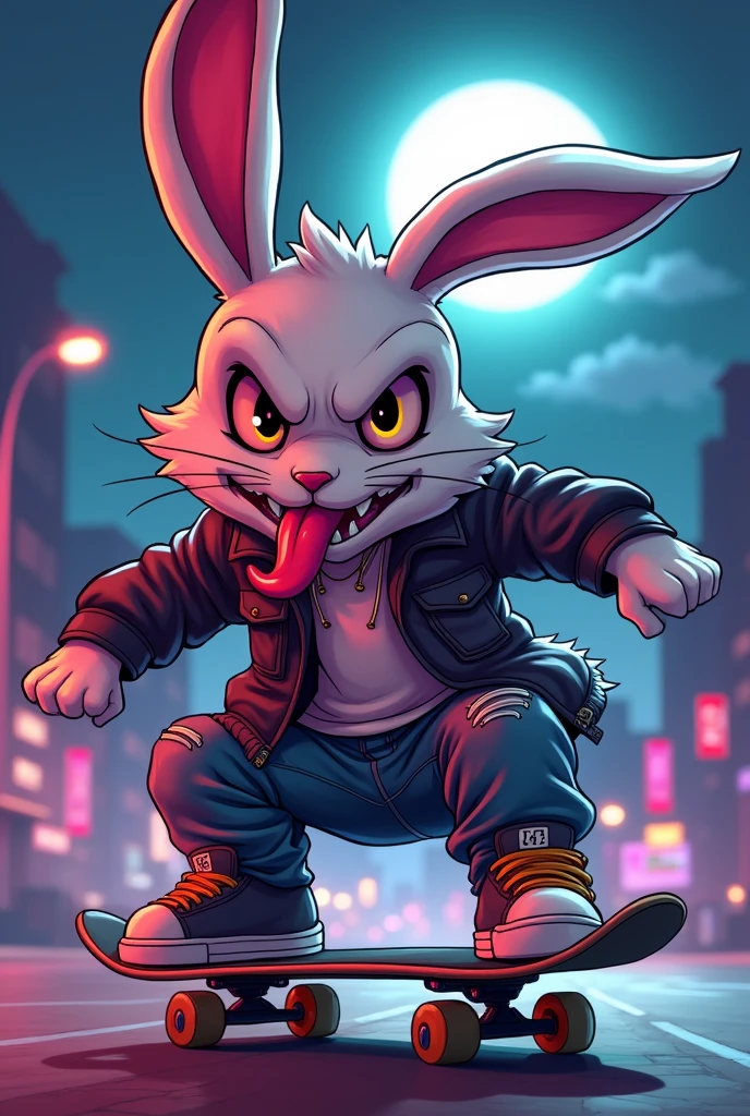 Human Rabbit, wearing skater clothes in a gangster style, on top of a skateboard with high-speed effects, with a malicious grin with a big, sharp tongue sticking out (tongue out) and scar on the eye, earring in ear, a night with lighting tones pulled towards purple and a touch of blue, moonlight style art: cartoon drawn in anime style