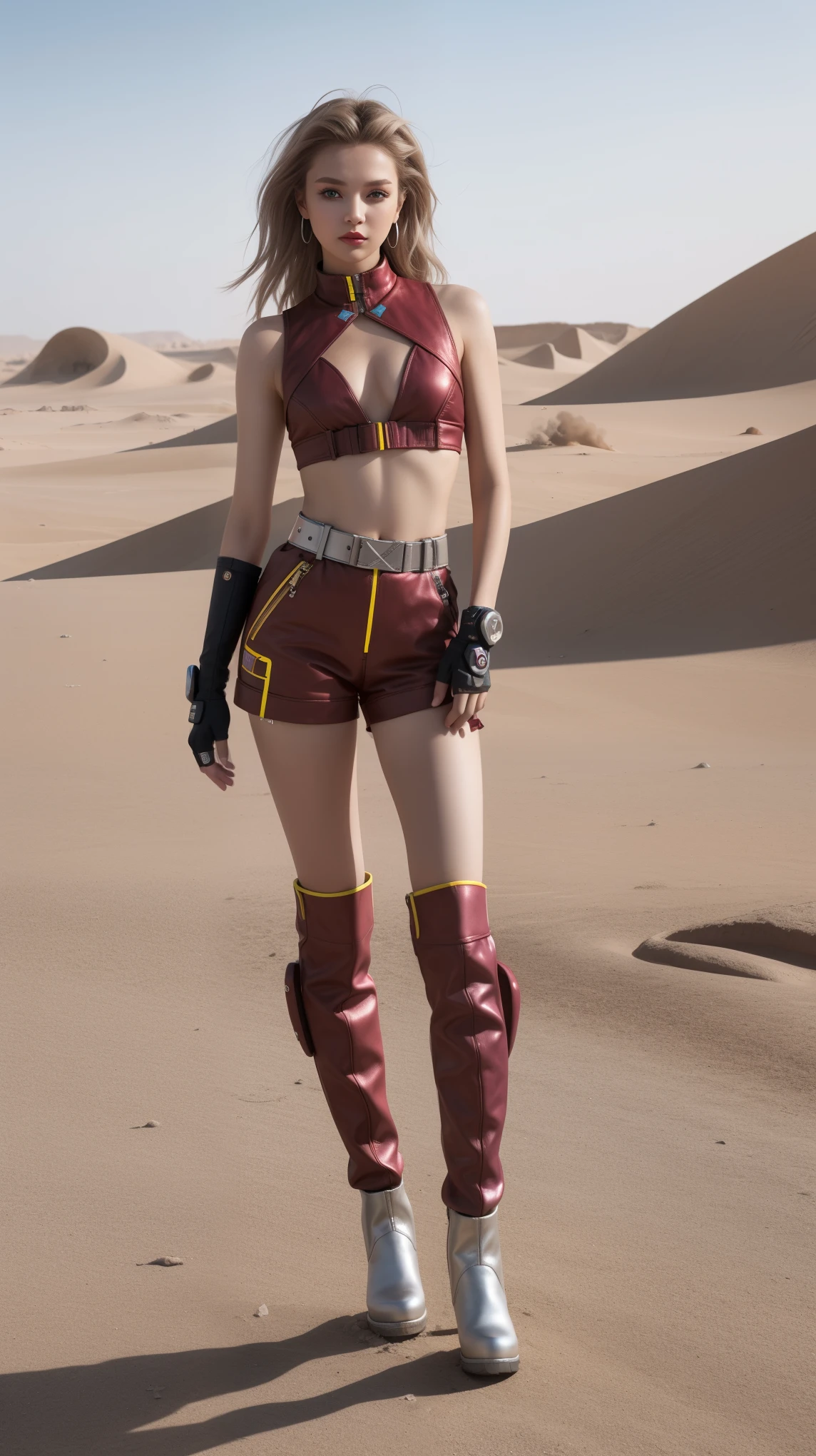 A girl posing in front of a deserted wasteland:1.3. she is wearing dust, colorful outfits with a futuristic, cyberpunk aesthetic. The overall mood is playful and energetic. Silver boots, light brown twirl hair, jean Paul Gaultier, clut studio, the themed color is black and red maroon