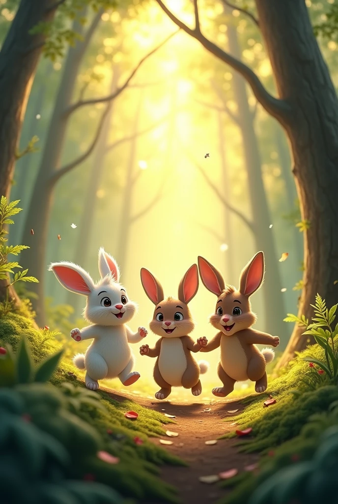 3 rabbits walking, in a forest by day ,
With different appearances, they are animated brothers.