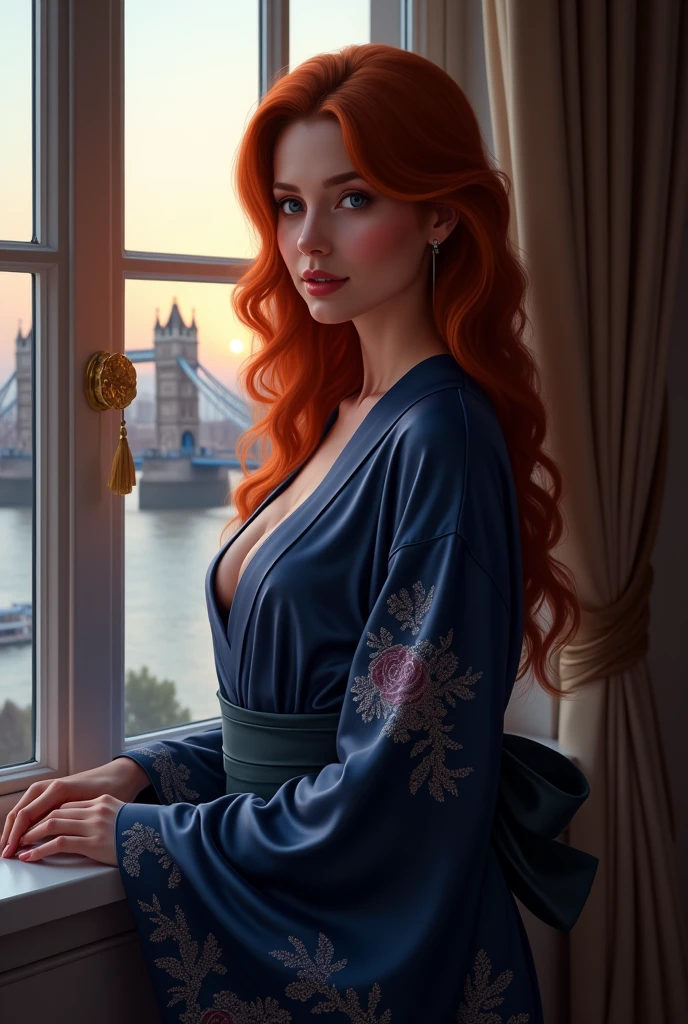 Une femme rousse, vêtue d’un kimono sexy, se tient à la fenêtre d’un élégant appartement londonien, offrant une vue imprenable sur le majestueux Tower Bridge. Ses longs cheveux roux, soyeux et légèrement ondulés, tombent en cascade sur son dos, capturant la lumière tamisée du matin ou du crépuscule, ajoutant une touche de chaleur à la scène. Le kimono, en soie légère, est d’une teinte profonde, un bleu nuit, avec des motifs délicats qui rappellent l’élégance japonaise. Il est drapé autour de son corps, révélant sa silhouette gracieuse, tandis qu’une manche glisse délicatement de son épaule, exposant sa peau claire avec une sensualité subtile. Cette chute de tissu, presque accidentelle, ajoute une touche de douceur et de vulnérabilité à son allure. Elle se tient légèrement de profil, regardant à travers la grande fenêtre qui encadre le panorama londonien. Sa posture est à la fois détendue et pleine de grâce, avec une main posée doucement sur le rebord de la fenêtre, tandis que l’autre tient peut-être un pan de son kimono ou est simplement laissée libre, ajoutant à l’atmosphère intime de la scène. Le Tower Bridge se dresse majestueusement à l’arrière-plan, illuminé par des lumières douces qui se reflètent dans la Tamise.