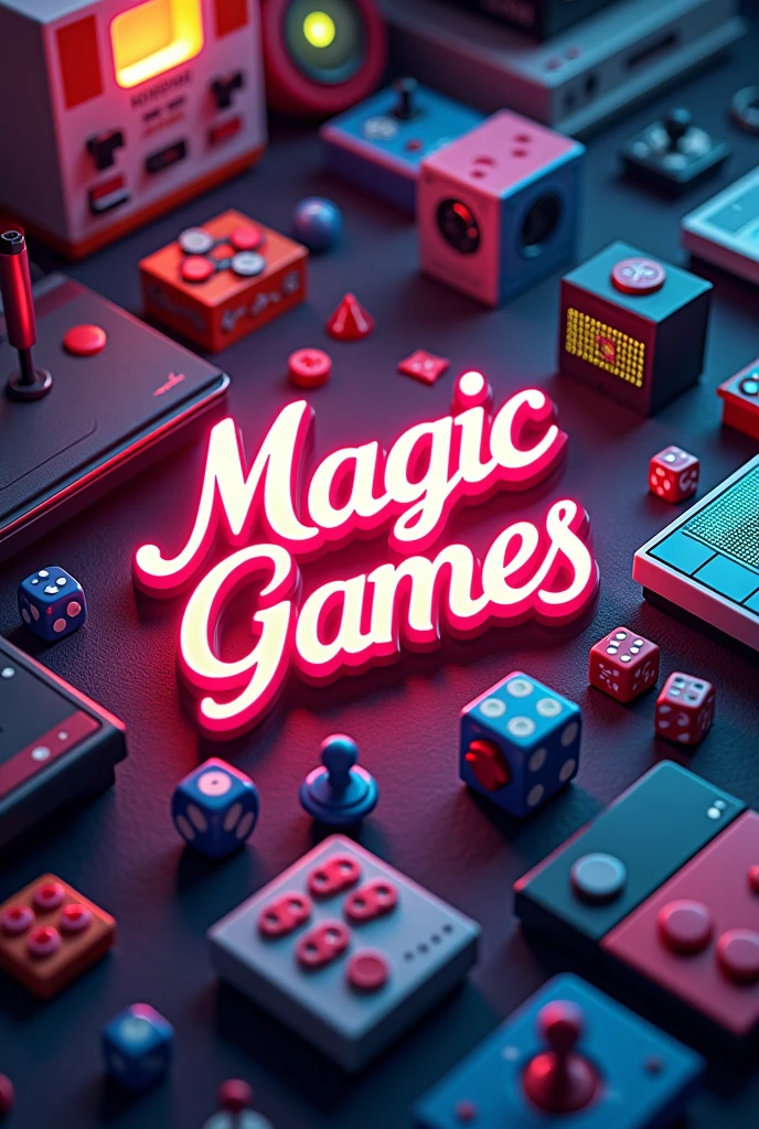 Image with a background with gaming stuff and the name Magic Games, in the middle