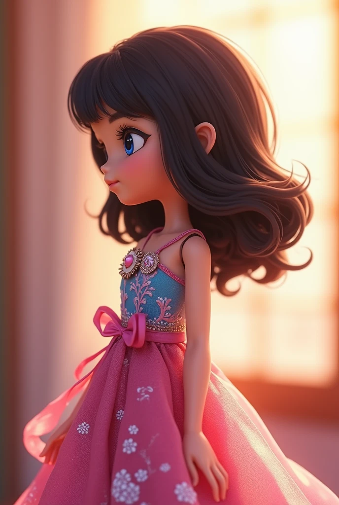 Animated doll, anime style with medium length, dark brown wavy hair, pink and colorful dress, and a full side profile face.