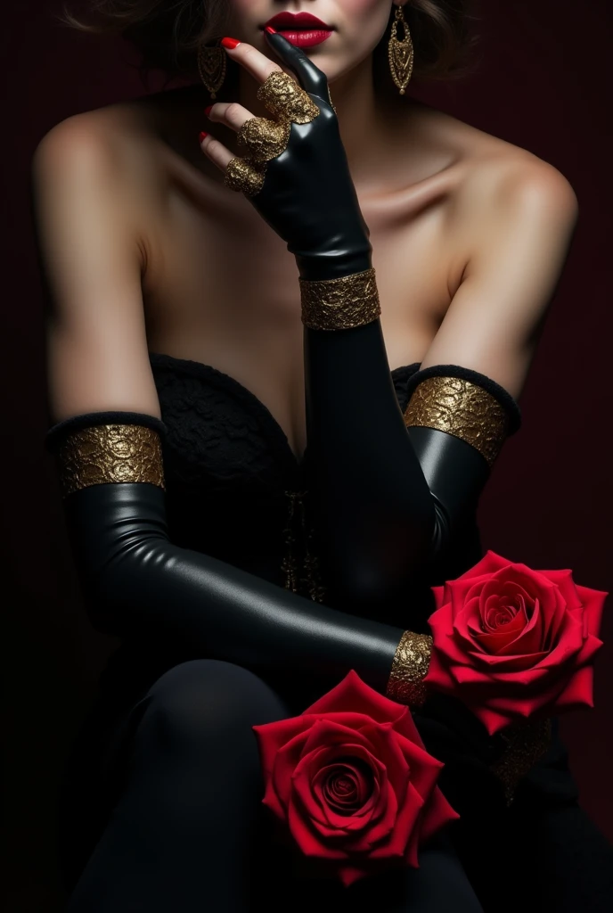 Black centin long gloves without fingers, with golden details and with red roses.