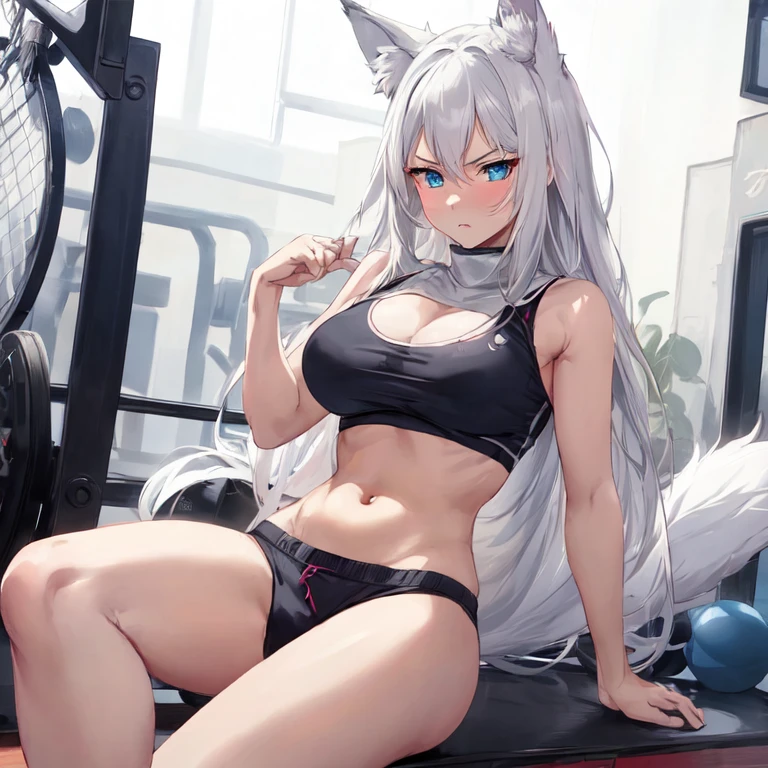 Anime girl with long hair and blue eyes sitting on a bench., Flushed face, angry face, chica ready anime, seductive anime girl, white fur fox, beautiful chica ready anime, working out, Very beautiful anime cat girl, sexy cat girl, Holo is a wolf girl, cute chica ready anime, White cat girl, white fox anime, in a gym, fit girl