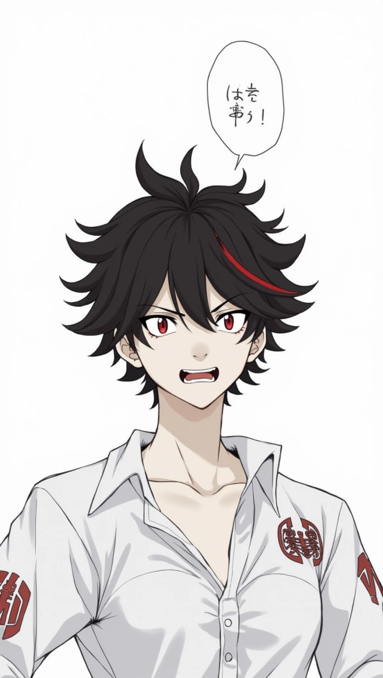 Slim girl with a well-worked body of white skin, messy short dark brown hair with red streaks, red eyes, Irritated facial expression. Japanese gang uniform in black with the emblem of a red scorpion on the back, and on the sleeves it says Red Scorpion Tokyo Revengers style drawing