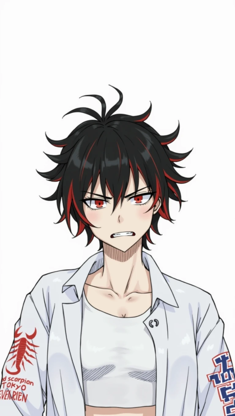 Slim girl with a well-worked body of white skin, messy short dark brown hair with red streaks, red eyes, Irritated facial expression. Japanese gang uniform in black with the emblem of a red scorpion on the back, and on the sleeves it says Red Scorpion Tokyo Revengers style drawing