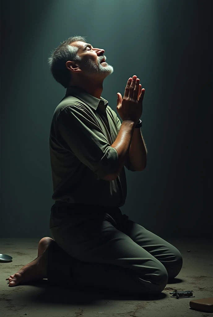 A man kneeling on the ground with both hands clasped, fingers crossed, looking upwards with closed eyes, crying in a somber scenario, regretting having done something, crying.