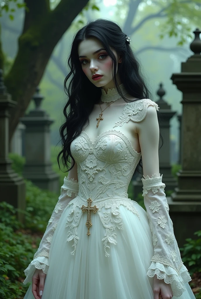 Imagine a pale-skinned vampire with black hair, dark or red eyes in a white wedding dress with elven sleeves, accessories in Victorian-style crucifixes similar to death, well detailed in a cemetery with many plants in excellent lighting.