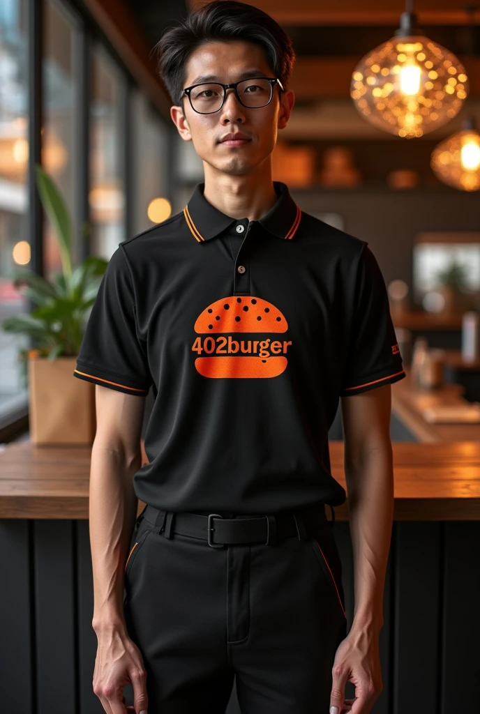 Design a complete uniform for a burger restaurant with the 402burger logo in orange and black colors with a polo shirt and jogger pants that is creative and disruptive
